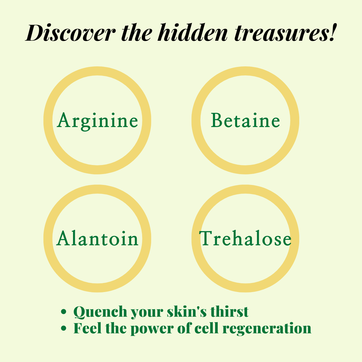 Discover the hidden treasures, Arginine,Betaine, Alantoin, Trehalose