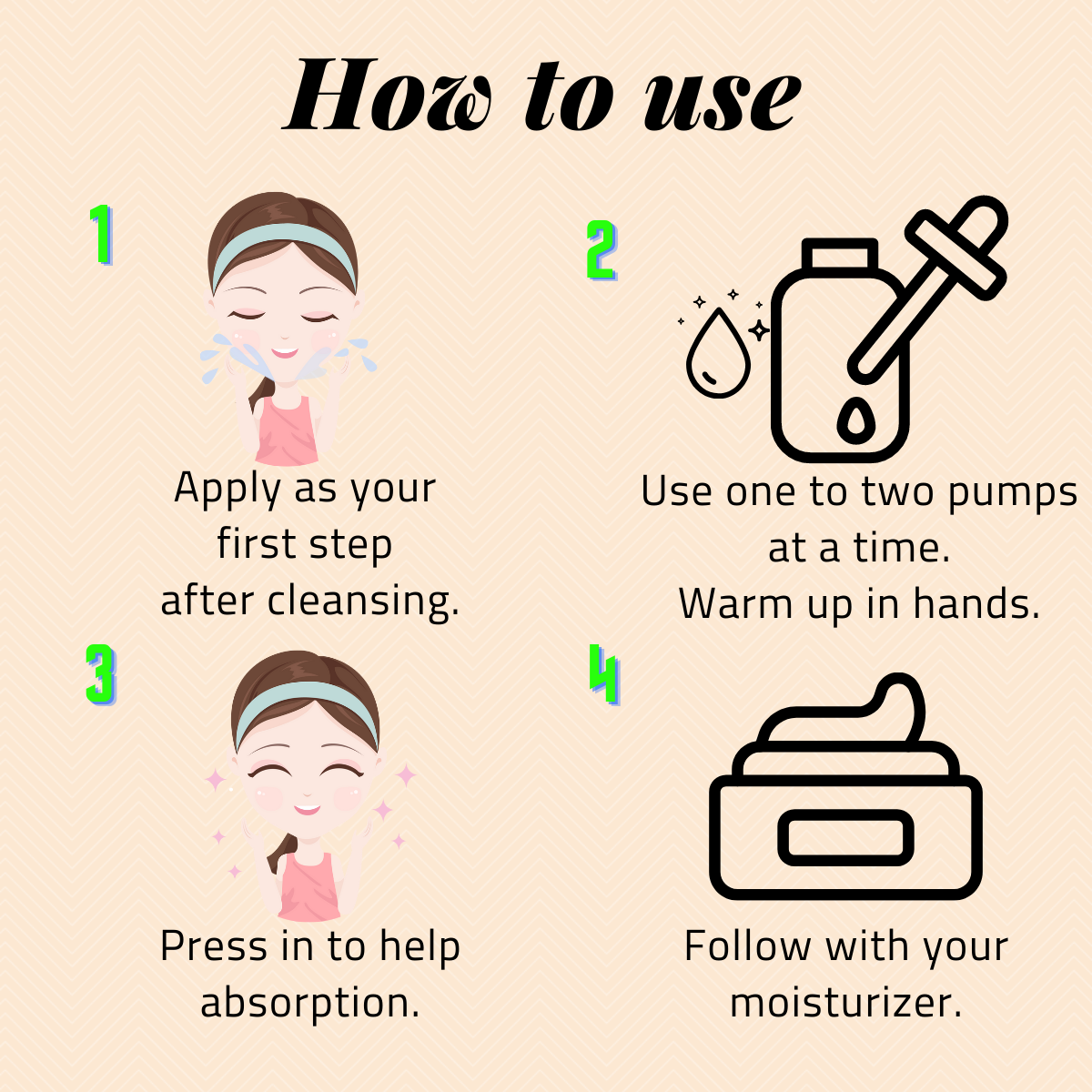 How to use/ Give it soft touches/By applying them softly to be absorbed. Apply 2cc(1spoid) in the morning and evening. Remember not to rub but give soft touches.